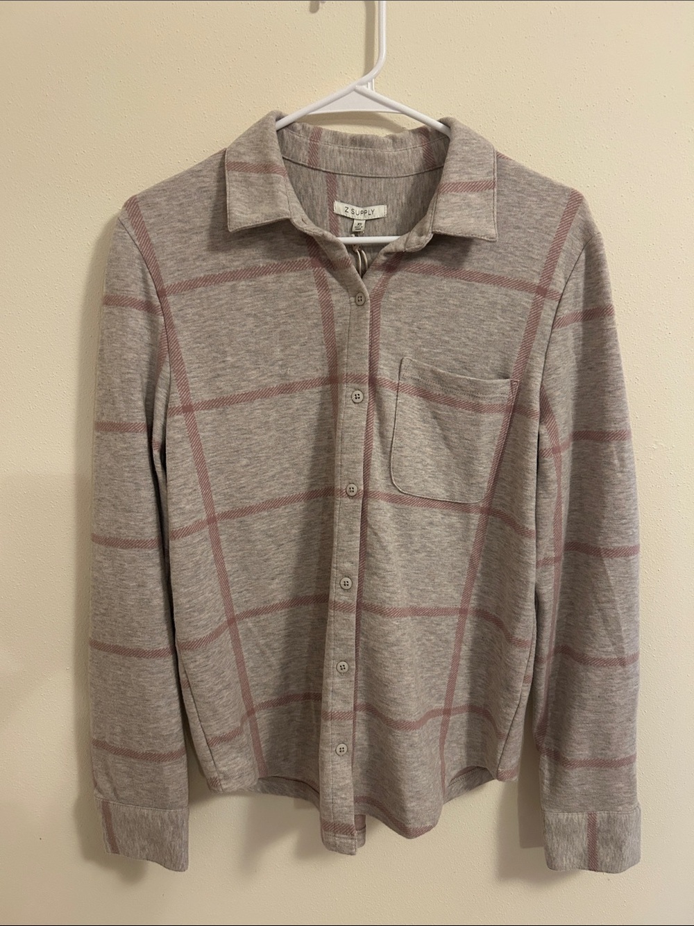 Z Supply Heather Gray Button-Down with Pink Windowpane Plaid